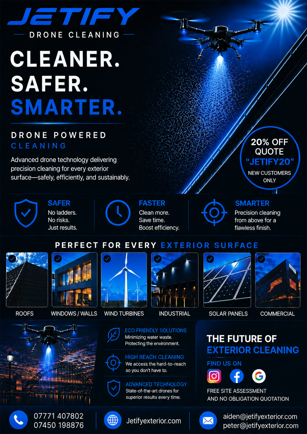 Jetify Drone Cleaning campaign poster showing exterior cleaning applications and contact details